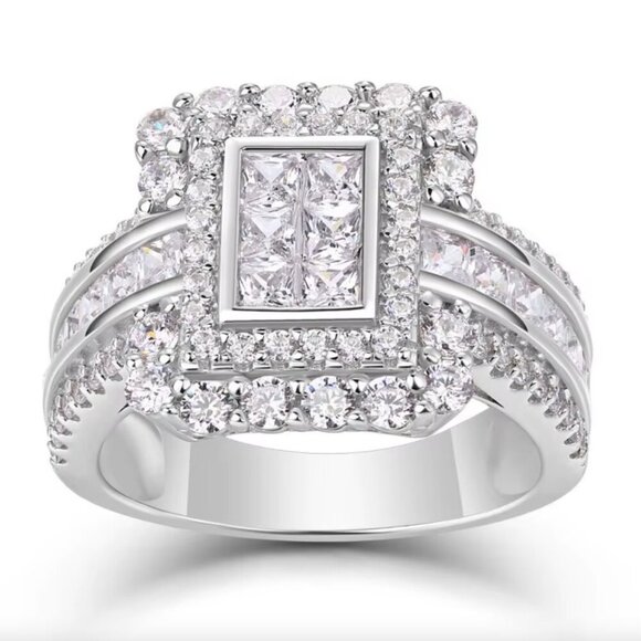 18k White Gold Diamond Ring Pave Diamond Princess Cut Ring - Picture 8 of 10